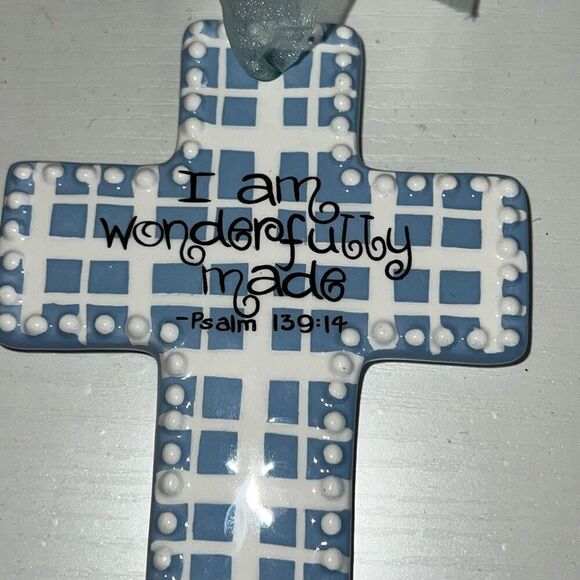 Sue Berk Designs Ceramic Glazed Cross Blue White I Am Wonderfully Made Baby Gift - Picture 2 of 6